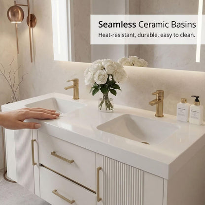 60”-96”White Floating Bathroom Vanity with Double Sinks & LED Lighted Mirror