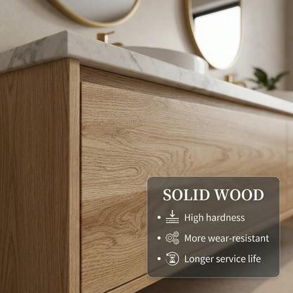 60"-84"Light Wood Wall-Mounted Vanity with White Marble Top & Soft-Close Drawers for Bathroom