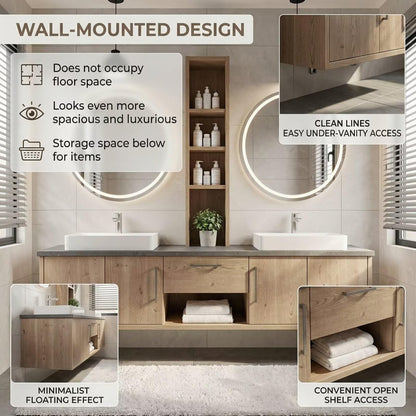 60"-96"Light Oak Floating Bathroom Vanity with Double Vessel Sinks & LED Round Mirrors