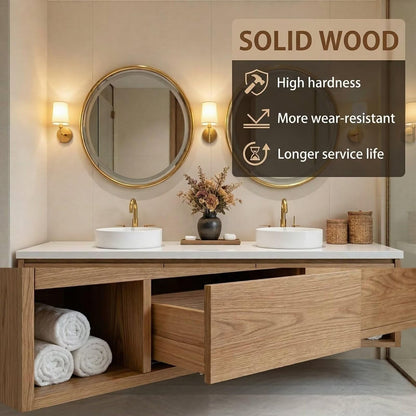 60”-84”Double Sink Bathroom Vanity Set with Round Mirrors,Wood Cabinet & White Stone Top