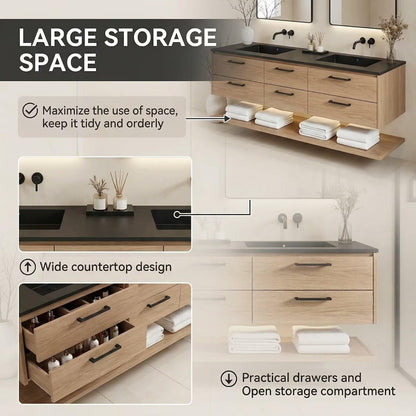 60"-84"Light Oak Floating Bathroom Vanity Set with Black Countertop & Handles