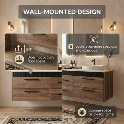 60"-96"Modern Wood Vanity with Black Fluted Trim & 6 Drawer Storage