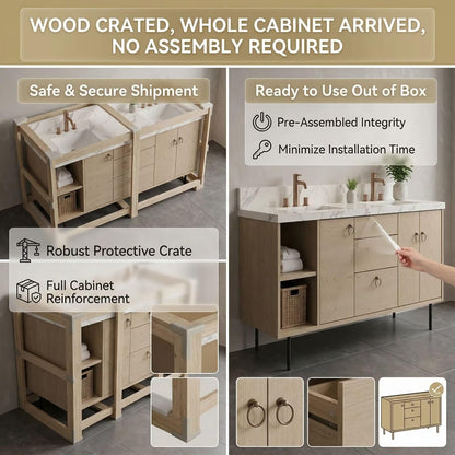 60"-96"Modern Light Oak Floating Bathroom Vanity with Double Sinks & Marble Top