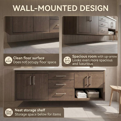 60"-96"Modern Wood Vanity with Stone Countertop, Drawers & Open Storage