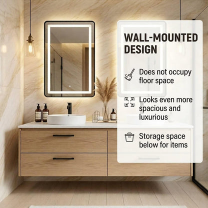 60"-96"Light Oak Floating Bathroom Vanity with Double Vessel Sinks & LED Mirrors