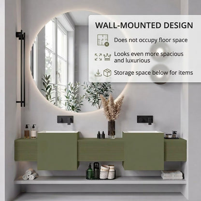 60"-96"Sage Green Floating Bathroom Vanity with Double Vessel Sinks & LED Round Mirror