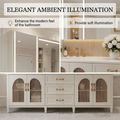 60"-96"Modern Farmhouse Bathroom Vanity, Light Wood Cabinet with Drawers & Arched Openings