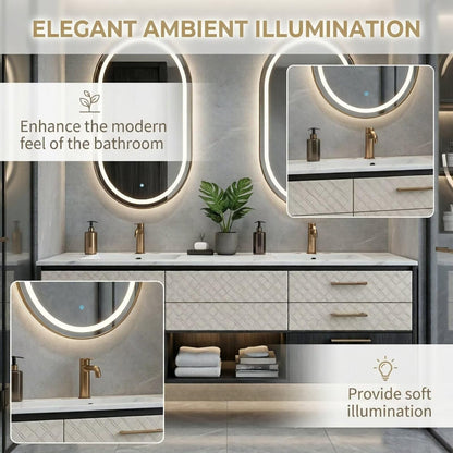 60"-96"Modern Floating Bathroom Vanity with Double Sinks & LED Oval Mirrors