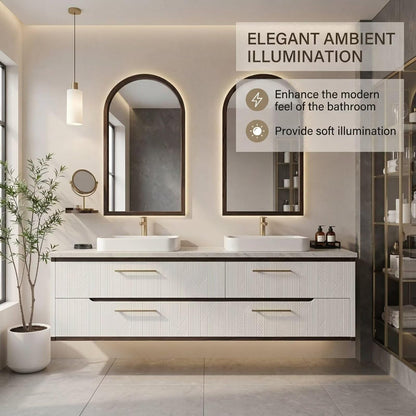 60"-96"White Floating Bathroom Vanity with Double Vessel Sinks & Arched LED Mirrors