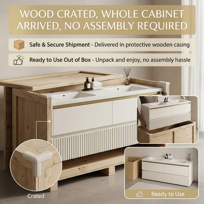 60"-96"Modern Wall-Mounted Vanity with Double Sinks & Gold Trim