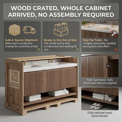 60”-96”Modern Double Sink Vanity with Walnut Fluted Cabinet & Open Towel Shelf