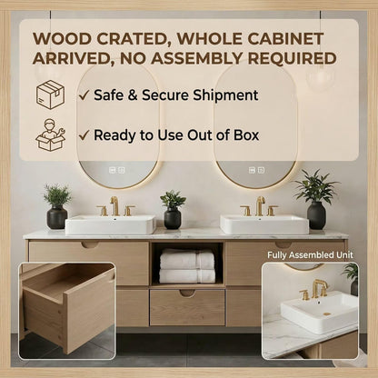 60"-84"Floating Oak Bathroom Vanity with Double Sinks & LED Oval Mirrors