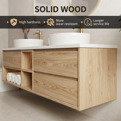 60"-84"Light Oak Floating Bathroom Vanity Set with Oval Gold Mirrors & Open Storage