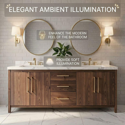 60"-96"Modern Walnut Bathroom Vanity with Double Sinks, Marble Top & Gold Hardware