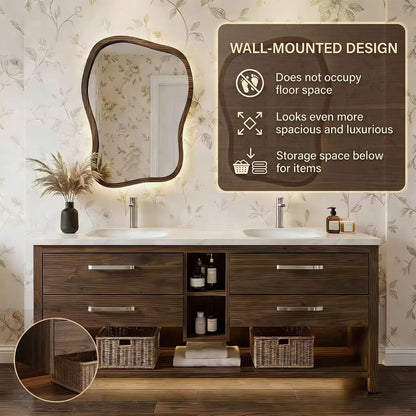 60”-96” Dark Wood Bathroom Vanity with Double Sinks & Irregular LED Mirrors