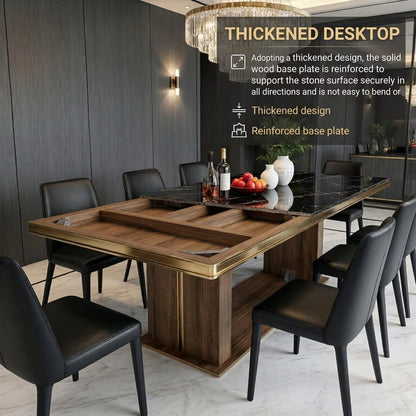 56"-96"Modern Black Marble Dining Table with Gold Accent & Sturdy Base for Large Family Meals