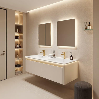 60"-84"Cream Floating Bathroom Vanity with Double Sinks & LED Backlit Mirrors