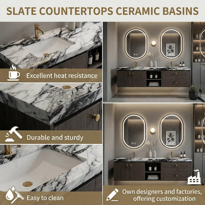 60"-84"Wall-Mounted Bathroom Vanity with Double Sink, Marble Countertop & Gold Knobs