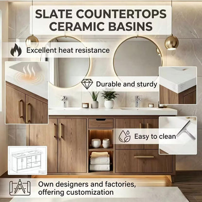 60"-96" Modern Wood Bathroom Vanity with Double Sinks & Gold Hardware