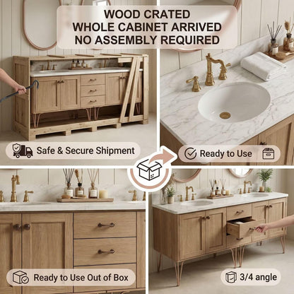 60"-96"Light Oak Double Sink Bathroom Vanity with Marble Top & Rose Gold Legs