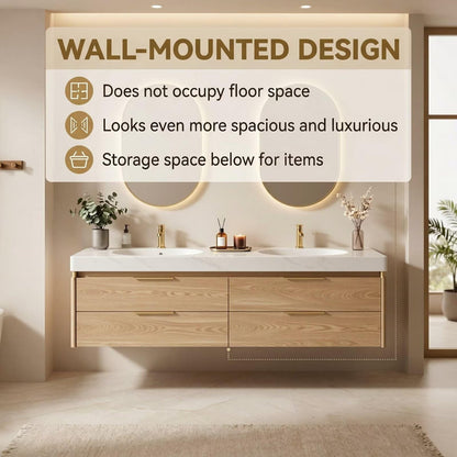 60"-84"Light Oak Floating Bathroom Vanity with Double Sinks & LED Oval Mirrors