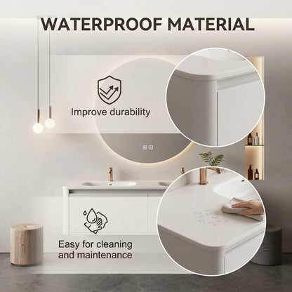60"-84"Modern Floating Bathroom Vanity Set with LED Round Mirror & Rose Gold Handles
