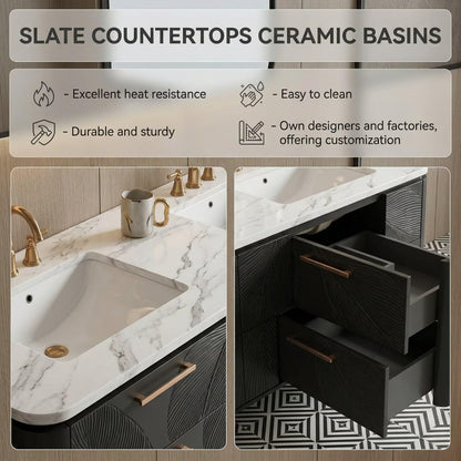 60”-112” Black Leaf-Carved Bathroom Vanity with Double Sinks & Marble Top
