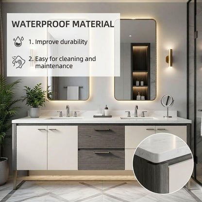 60"-96"Modern Two-Tone Bathroom Vanity with Double Sinks & Marble Top, Gold Accents