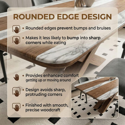 60"-80"Modern Farmhouse Dining Table with Walnut Wood & White Marble Striped Top, 6-Seater