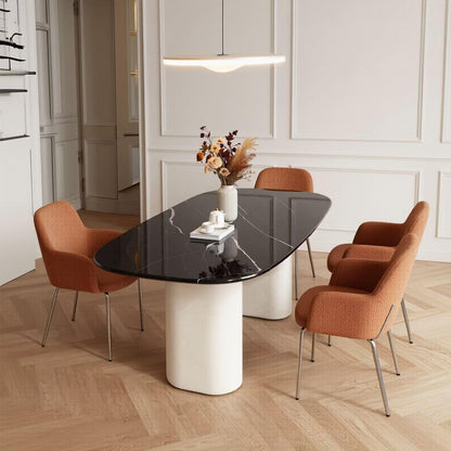 60"-80"Modern Oval Dining Table with Black Marble Top & Cream Base, Seats 4-6