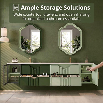 60"-96"Sage Green Floating Bathroom Vanity with Double Sinks & Scalloped Mirrors