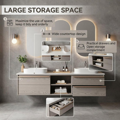 60"-96"Light Wood Floating Bathroom Vanity with Double Sinks & LED Oval Mirrors