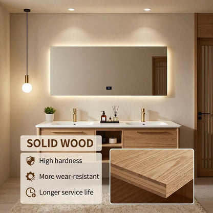 60“-84“Floating Oak Bathroom Vanity with Double Sinks, LED Mirror & Storage