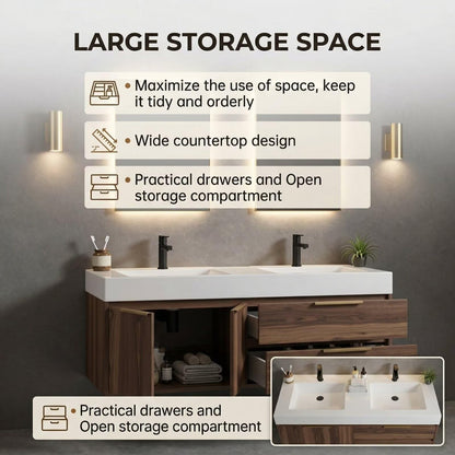 60”-84“Wall-Mounted Bathroom Vanity with Integrated Sink Top & Soft-Close Storage
