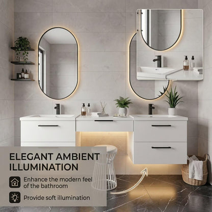 60"-84"Wall Mounted White Bathroom Vanity with Double Sinks & Integrated Makeup Station
