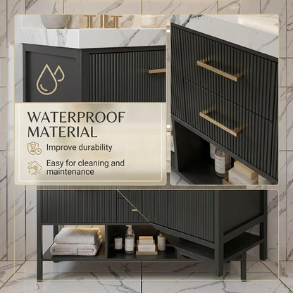60"-96"Modern Bathroom Vanity with Gold Hardware, Open Shelves & LED Light