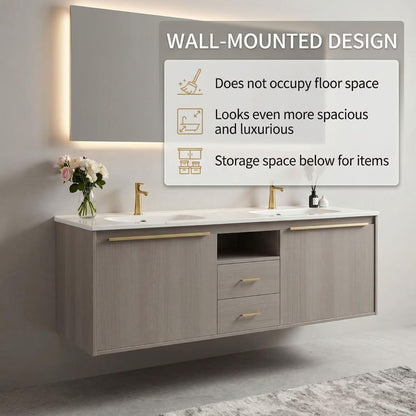60"-96"Light Gray Oak Floating Bathroom Vanity with Double Sinks & LED Backlit Mirror