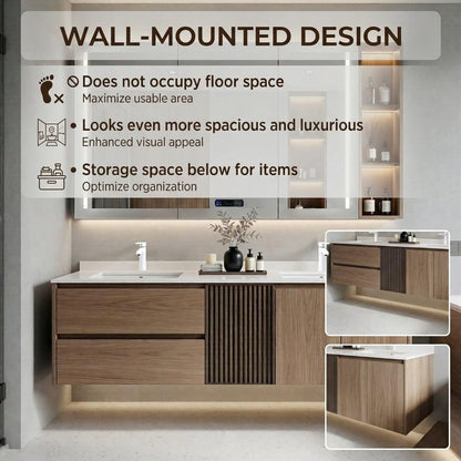 60”-96” Light Oak Floating Bathroom Vanity with Double Sinks & LED Mirror Cabinet
