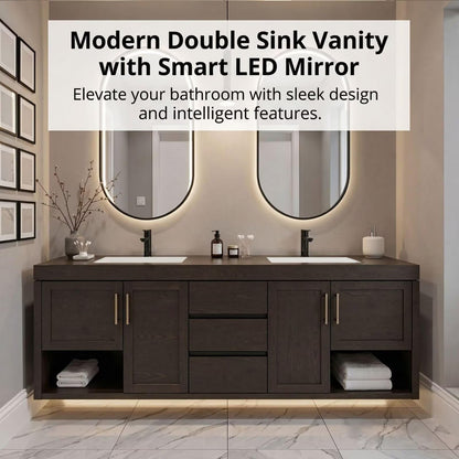 60”-96”Modern Bathroom Vanity with Double Sinks, Storage & LED Mirrors