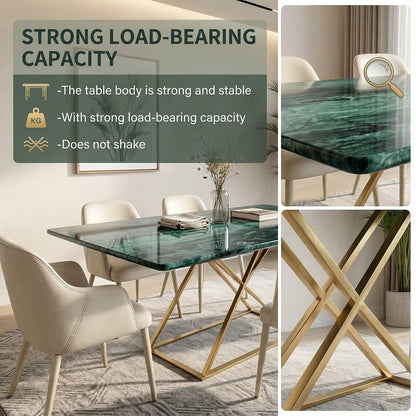 60"-80"Luxury Green Marble Dining Table, Rectangular Table with Sleek Gold Metal Legs