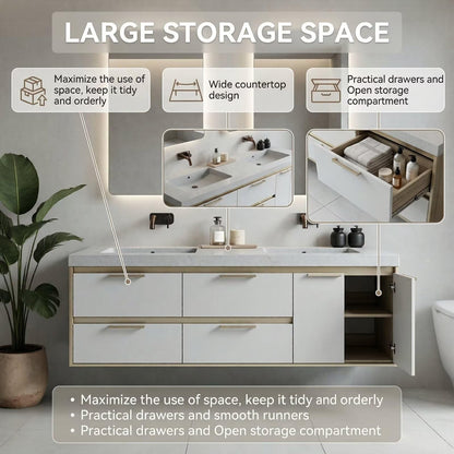 60"-96"Modern Wall-Mounted Bathroom Vanity with Stone Top & Light Wood Trim