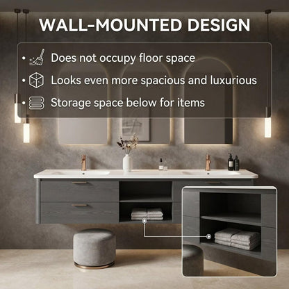 60"-96"Gray Floating Bathroom Vanity with Double Sinks & LED Arched Mirrors