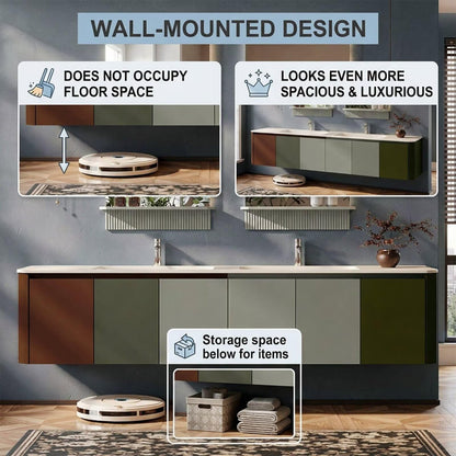 60"-96"Color Block Floating Bathroom Vanity with Double Sinks & LED Mirrors