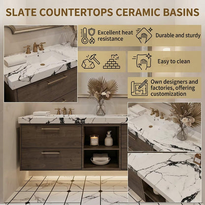 60”-84”Double Floating Vanity with Gold Trim Mirror, Espresso Wood & Marble Countertop
