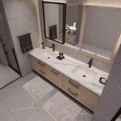 60”-96”Natural Wood Bathroom Vanity with Double Sinks & 6 Drawer Storage