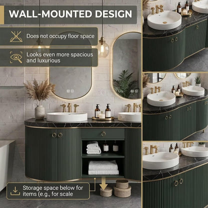 60"-96"Freestanding Green Bathroom Vanity with Double Vessel Sinks & LED Mirrors