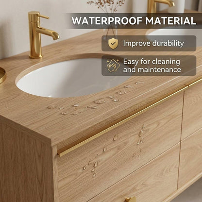 60"-84"Light Oak Floating Bathroom Vanity Set with Gold Hardware & LED Mirror