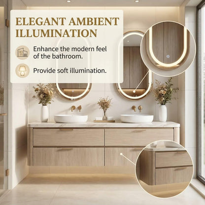 60"-96"Floating Oak Bathroom Vanity with Double Vessel Sinks & LED Oval Mirrors