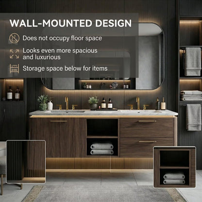 60"-96"Walnut Floating Bathroom Vanity with Marble Top & LED Framed Mirror