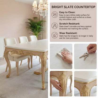 60"-80"French Style Dining Table with Gold Carved Legs, Elegant Rectangular Kitchen Table